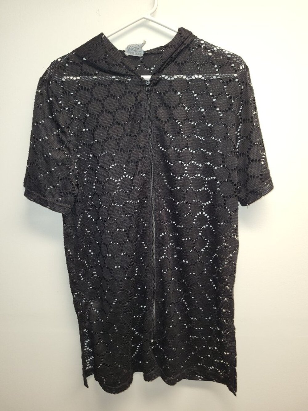 Krista Women's Black Crochet Lace Full Zip Hooded Top Cover Up Size M